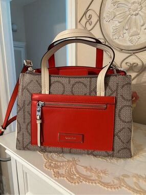 Calvin Klein Red and Beige Monogram Satchel with Exterior Pocket